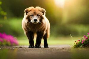 une marron ours en marchant sur une chemin avec fleurs. généré par ai photo