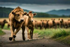 une troupeau de marron vaches fonctionnement vers le bas une route. généré par ai photo