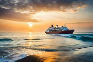 une croisière navire dans le océan à le coucher du soleil. généré par ai photo