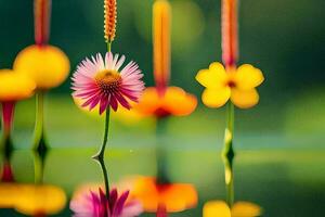 une fleur est réfléchi dans le l'eau. généré par ai photo