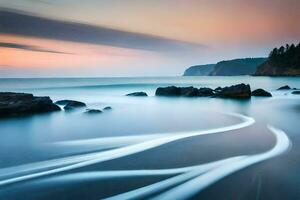 une longue exposition photographier de vagues sur le plage. généré par ai photo