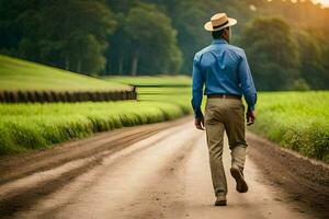 une homme dans une chapeau des promenades vers le bas une saleté route. généré par ai photo