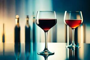 deux du vin des lunettes avec rouge du vin sur une tableau. généré par ai photo