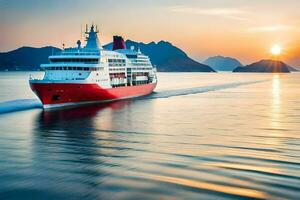 une croisière navire voile dans le océan à le coucher du soleil. généré par ai photo