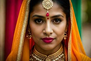 une magnifique Indien femme portant une traditionnel de mariée tenue. généré par ai photo