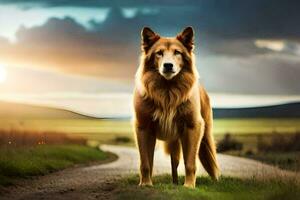 une chien permanent sur une route dans de face de une le coucher du soleil. généré par ai photo