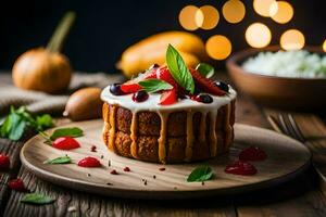 une gâteau avec baies et crème sur une en bois plaque. généré par ai photo