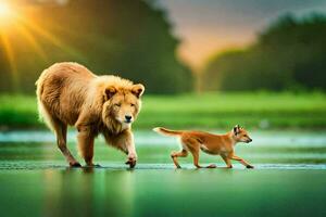 une Lion et une chien en marchant à travers une lac. généré par ai photo