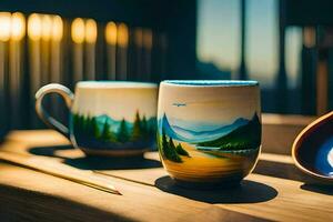 deux des tasses avec une Montagne scène sur eux. généré par ai photo