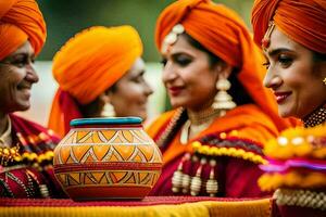 une groupe de femmes dans Orange turbans et coiffes. généré par ai photo