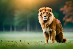 une Lion permanent dans le herbe avec le Soleil dans le Contexte. généré par ai photo