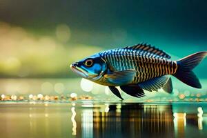 une poisson est permanent sur le l'eau avec une brillant lumière. généré par ai photo