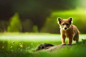 une petit chien permanent sur une Roche dans le herbe. généré par ai photo