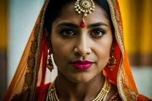 une magnifique Indien femme portant une traditionnel sari. généré par ai photo