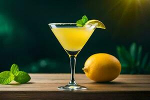 une cocktail avec citron et menthe sur une en bois tableau. généré par ai photo