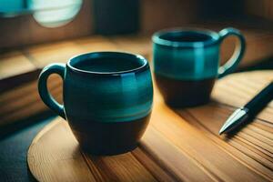 deux café des tasses sur une en bois tableau. généré par ai photo