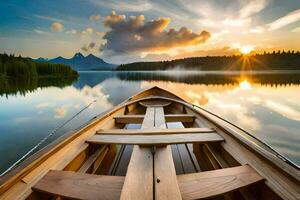 une bateau sur une Lac à le coucher du soleil. généré par ai photo