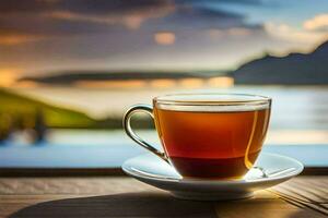 une tasse de thé sur une en bois tableau. généré par ai photo