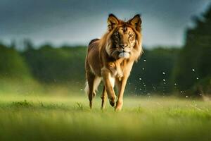 une Lion en marchant par une champ. généré par ai photo