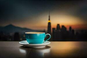 café tasse sur le table avec paysage urbain dans le Contexte. généré par ai photo