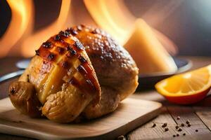 une poulet sur une Coupe planche avec Orange tranches. généré par ai photo