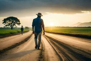 une homme en marchant vers le bas une saleté route avec une chapeau sur. généré par ai photo