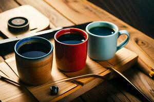 Trois café tasses sur une en bois tableau. généré par ai photo