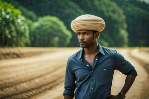 une homme portant une turban des stands dans une champ. généré par ai photo