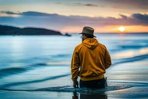 une homme dans une Jaune veste et chapeau permanent dans le l'eau à le coucher du soleil. généré par ai photo