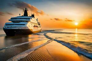 une croisière navire voile sur le océan à le coucher du soleil. généré par ai photo