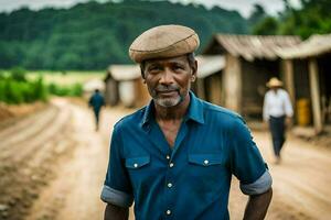 une homme dans une bleu chemise et chapeau permanent sur une saleté route. généré par ai photo