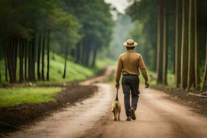 une homme en marchant le sien chien vers le bas une saleté route. généré par ai photo