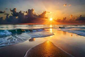 le Soleil monte plus de le océan et vagues sur le plage. généré par ai photo