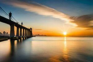 le Soleil ensembles plus de une pont dans le distance. généré par ai photo