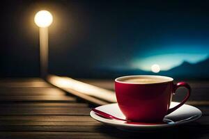 une tasse de café sur une en bois table avec une lumière. généré par ai photo