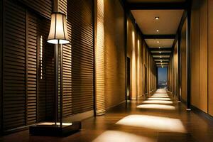 une longue couloir avec une lampe sur le mur. généré par ai photo