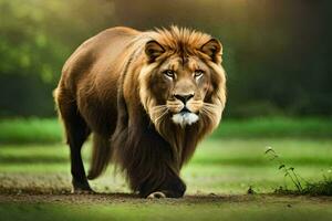 une Lion en marchant dans le herbe. généré par ai photo