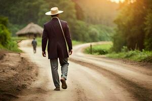 une homme dans une costume et chapeau en marchant vers le bas une saleté route. généré par ai photo