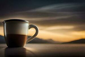 une café tasse est assis sur une table dans de face de une le coucher du soleil. généré par ai photo