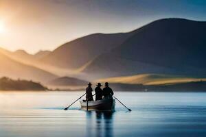 deux gens dans une bateau sur une Lac à le coucher du soleil. généré par ai photo