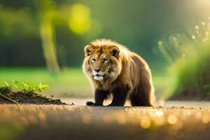 une Lion en marchant sur le route dans le Matin. généré par ai photo