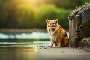 une tigre séance sur le bord de une rivière. généré par ai photo