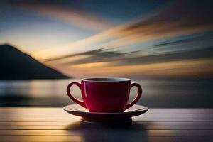 une rouge tasse est assis sur une table dans de face de une lac. généré par ai photo