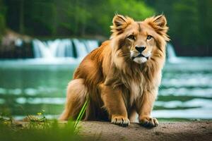 une Lion séance sur le sol près une cascade. généré par ai photo