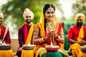 Indien mariage la cérémonie avec tambours. généré par ai photo