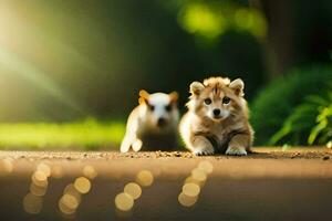 deux chiots sont en marchant sur le route dans le lumière du soleil. généré par ai photo