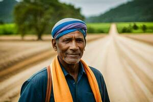 une homme permanent sur une saleté route avec une bleu turban. généré par ai photo