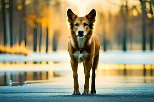 une chien permanent dans le milieu de une route. généré par ai photo