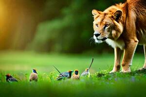 une Lion et une groupe de des oiseaux dans le herbe. généré par ai photo