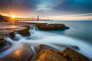 le d'or porte pont et le le coucher du soleil. généré par ai photo